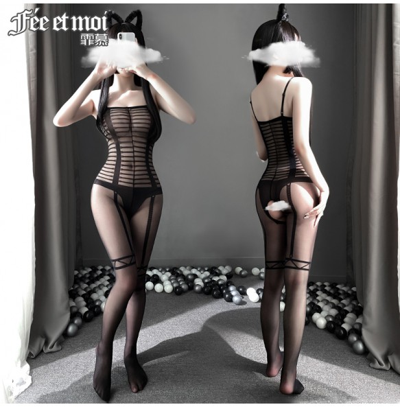 FEE ET MOI Sexy See Through Fake Bundling Open File Body Stocking (Black)